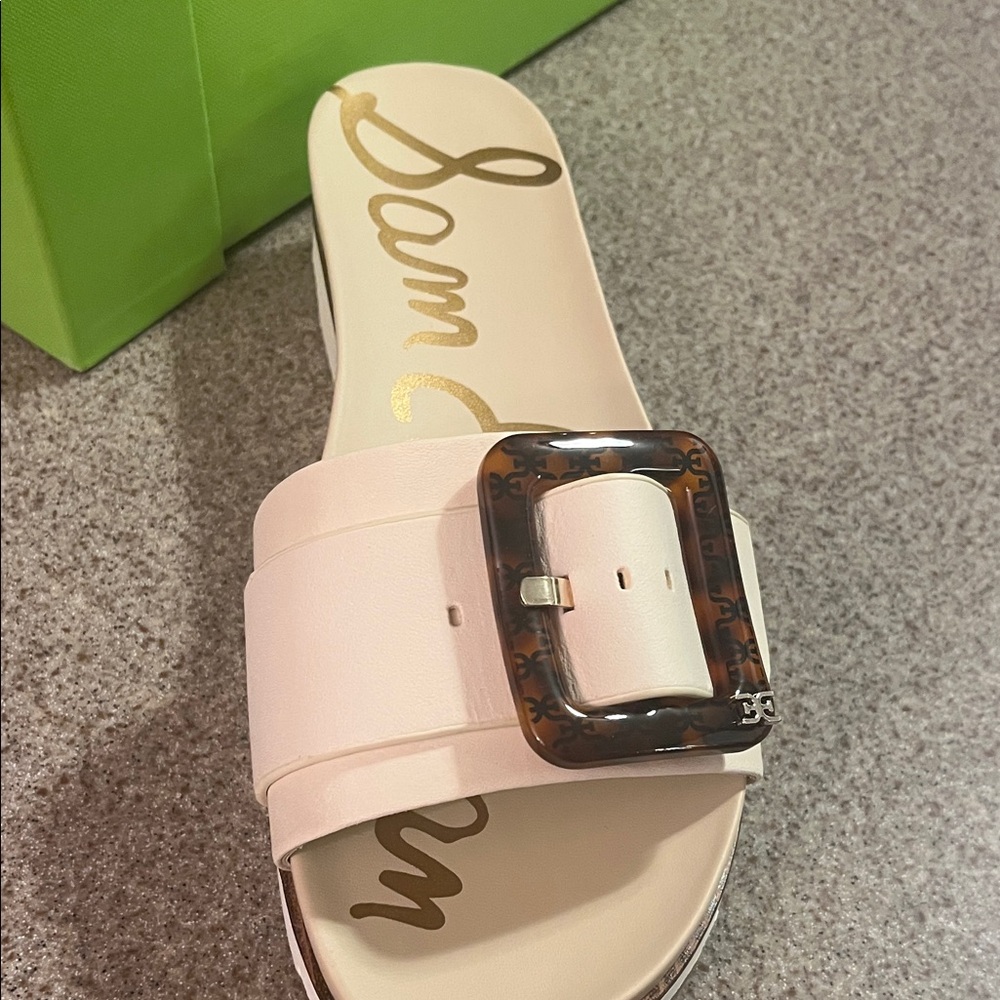 Sam Edelman Cream Slide Sandals with Tortoise Buckle